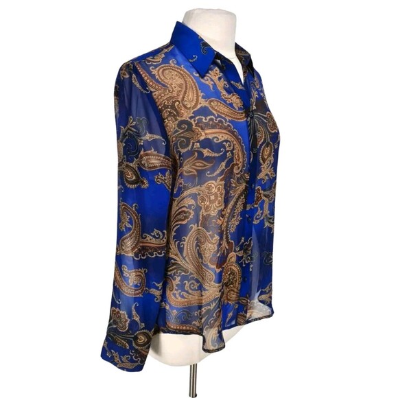 CHICO'S Women Royal Ravish Elenor Long SL Pattern Blue Grotto Size 8 Sheer A11A - Picture 2 of 7